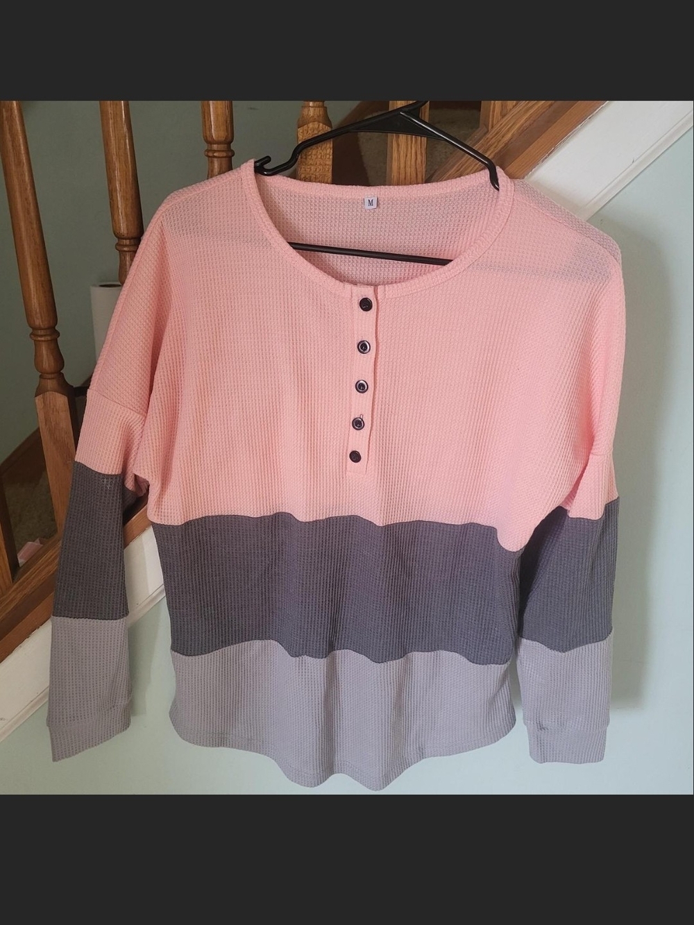 Women’s Colorblock Waffle Henley Long Sleeve Top - Pink & Gray